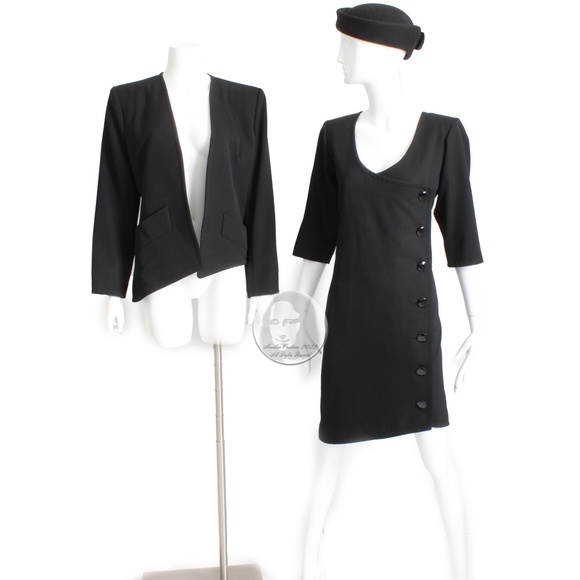 90s Yves Saint Laurent Dress and Jacket 2pc Set Asymmetric Hem Vintage LBD sz 40 - Picture 1 of 17